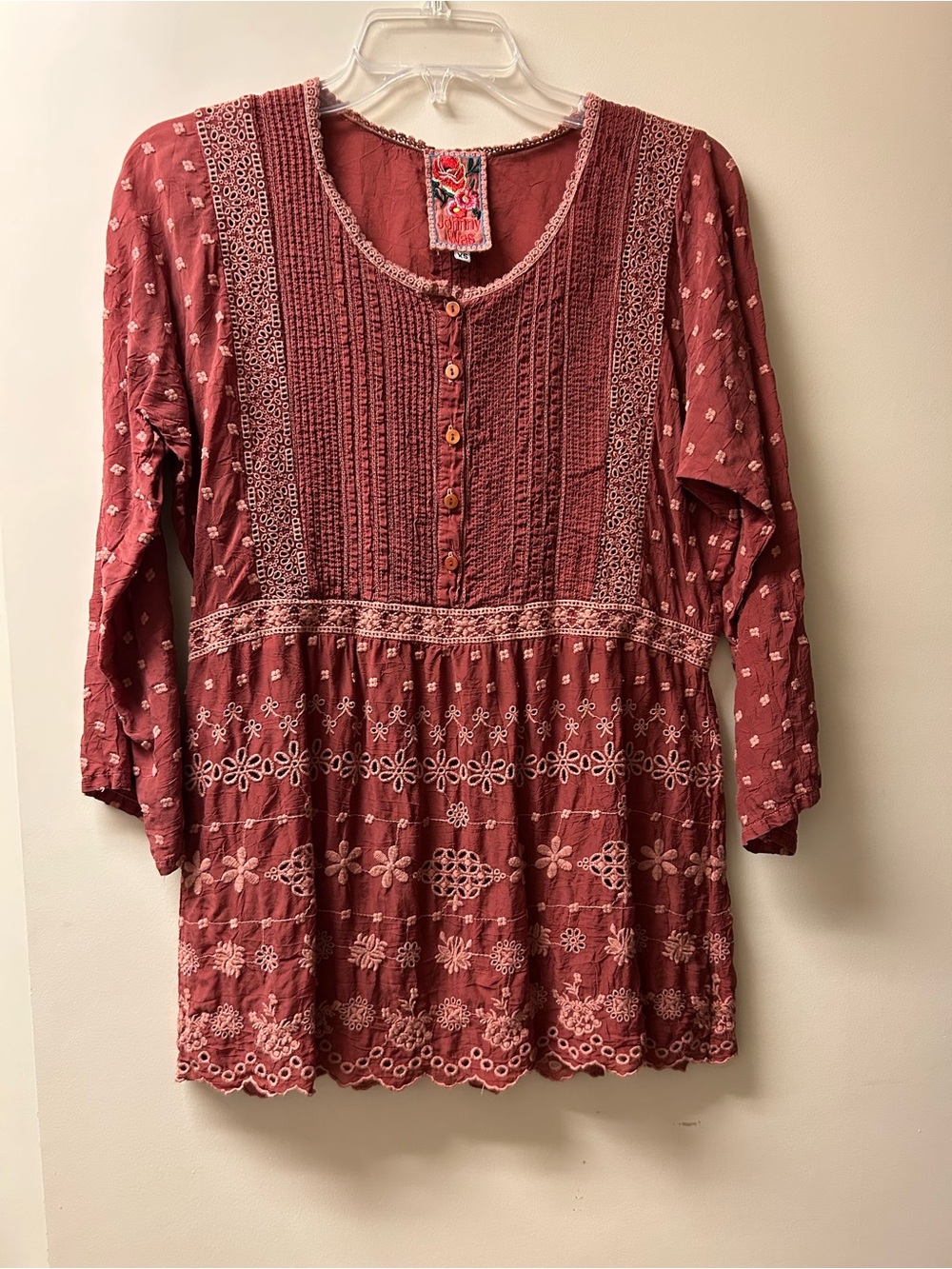 Johnny Was Embroidered Rust Red Peasant Tunic Top